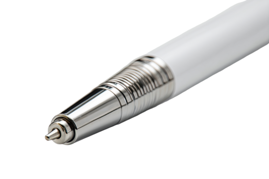 Close-up of a white pen's tip and barrel.  Fine details of the metallic tip and ribbed barrel are visible