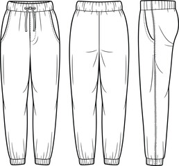 CAD drawing flat vector illustration of men's cuffed jogger pants with drawstring waist, front back side views, casual wear.