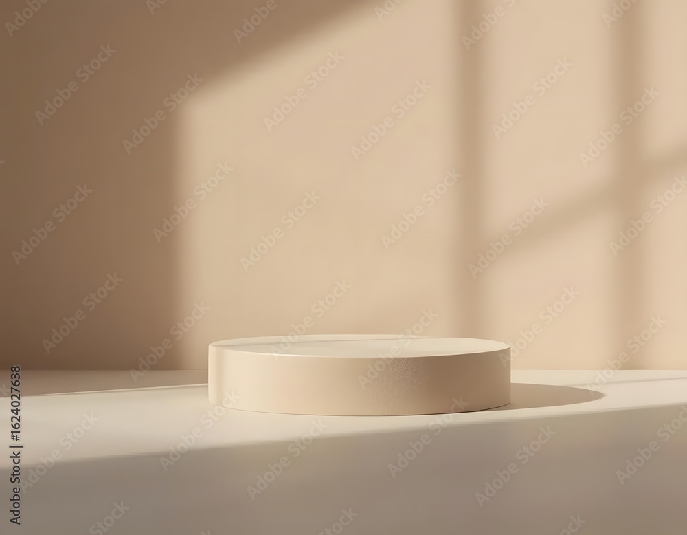Poster elegant minimalist podium bathed in soft natural light with subtle window shadow overlay for product