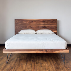 Modern rustic bedroom interior with a live edge walnut bed frame and hairpin legs