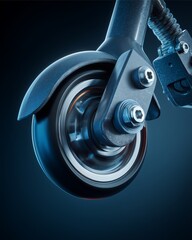 Electric Scooter Wheel and Assembly: An electrifying close-up reveals the sleek design of a modern electric scooter's wheel, highlighted against a dark, evocative backdrop. 
