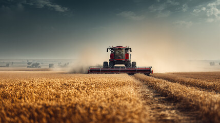 Harvesting Grain: A combine harvester cuts through a golden field of wheat on a hazy day, embodying the essence of agriculture. 