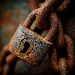 Rusty Lock and Chain: Close-up captures the textural beauty of an aged, weathered lock and chain, showcasing intricate detail, corrosion, and the passage of time. 