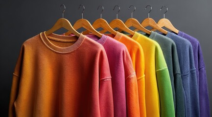 Obraz premium Rainbow-hued sweatshirts hang on wooden hangers against a dark gray backdrop