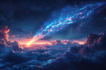 Vibrant ethereal cosmic galaxy night sky landscape showcases colorful nebulae, glowing stars, streaking meteors illuminating twilight horizon, dreamy astronomical artwork.