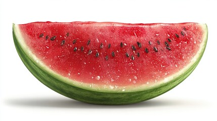A vibrant red watermelon slice, glistening with moisture, showcases its dark seeds and green rind against a stark white background.  The juicy, wedge-shaped fruit is perfectly centered