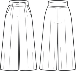 CAD drawing flat vector illustration of stylish wide-leg women’s pants with front pleats, side pockets, back seam, technical sketch.