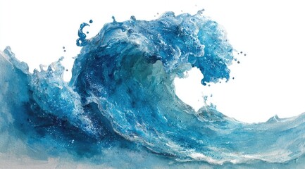 A powerful, curling ocean wave frozen in time, showing texture and translucent blue hues against a white background