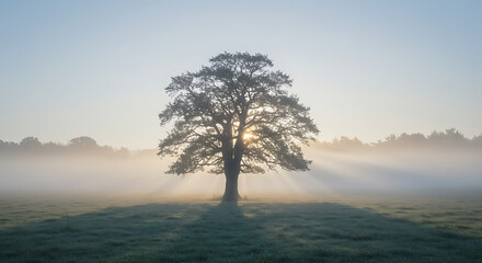 Majestic tree silhouette enveloped in ethereal mist with radiant sunlight beams