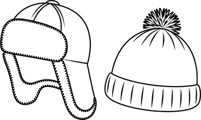 CAD drawing flat vector illustration of winter hats including trapper and pom beanie, technical fashion accessories sketch for cold weather.