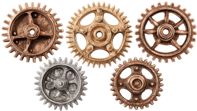Interlocked gears of varying tones, from copper to silver, in a precise, symmetrical arrangement