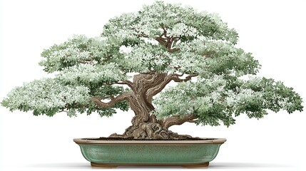 A meticulously crafted bonsai tree, its aged, gnarled trunk and branches draped with delicate, frost-like foliage, sits in an elegant, teal-glazed ceramic pot against a stark white background