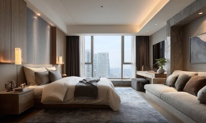 Modern bedroom suite with city view, neutral tones, and ample natural light