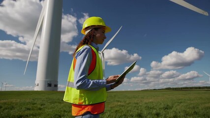 The video highlights a wind farm where a technician in safety gear inspects a towering wind turbine against a bright, cloudy sky. This setting emphasizes renewable energy and environmental technology. - Powered by Adobe