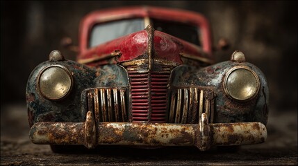 Weathered red classic car with rust damage, front-facing view, on dark background