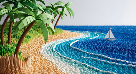 paper art tropical beach with palm trees, sandy shore, blue sea, and small paper boat, background for summer vacation, travel design, creative poster