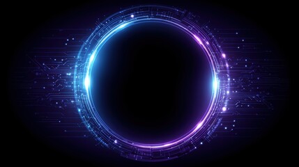 A glowing neon digital circle with circuit patterns and futuristic light effects on a dark background