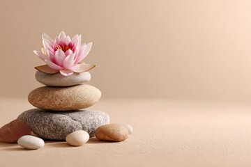 Serene spa stones, pink water lily, beige background, wellness