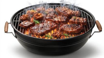 Sizzling meat and burger patties grill atop charcoal, ready to eat and delicious