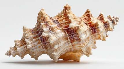 Spiky seashell with light brown spiral stripes, isolated on a white background