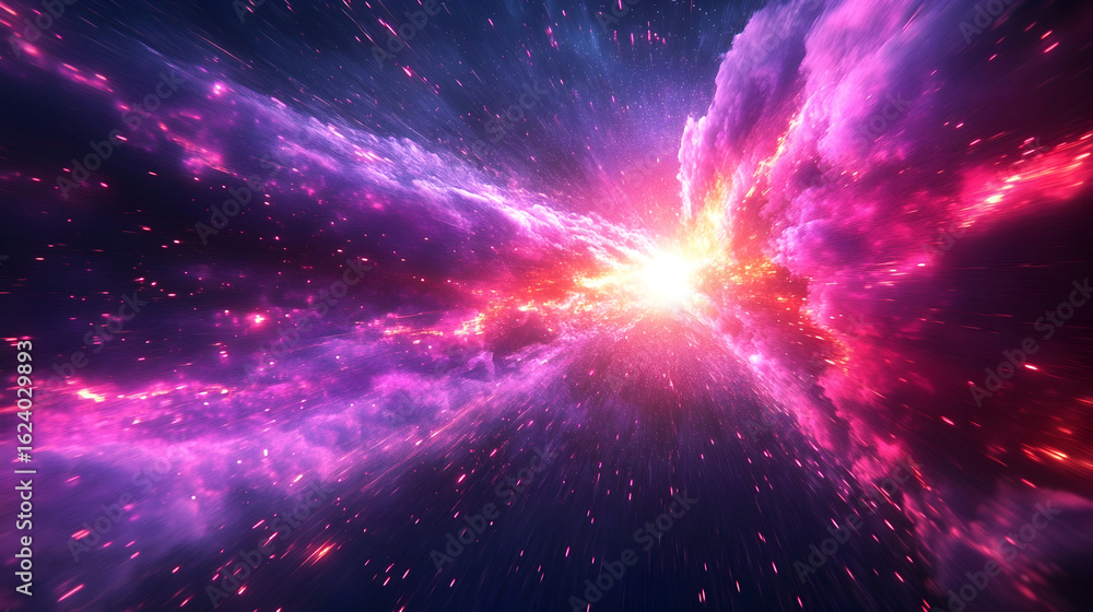 Poster radiant burst of luminous pink and violet shapes emanating from a glowing core, digital abstract art