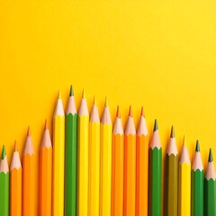Colored pencils arranged in a wave pattern on a yellow background