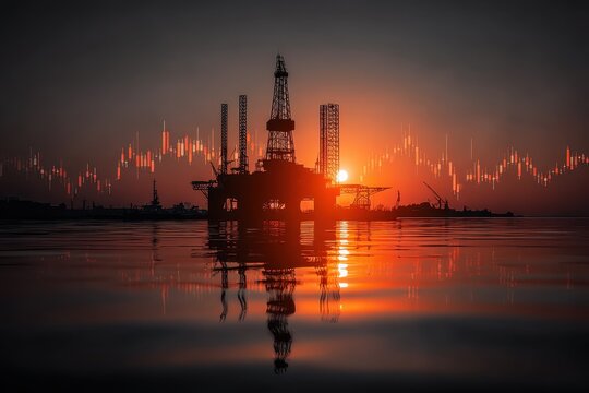 Sunset Over Offshore Oil Rig with Financial Data Visualization