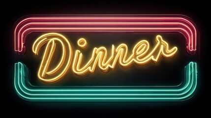 Dinner" in glowing neon script, framed by neon outlines on a black background