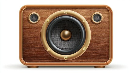 Front-facing wooden speaker with gold trim and a central black speaker
