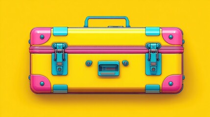 Bright, yellow suitcase with blue clasps and pink corner protectors, lying flat