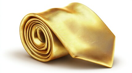 Rolled golden satin tie, looped into a spiral on a white surface, with soft shadow