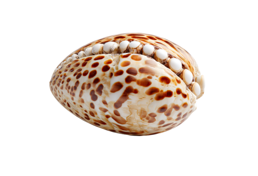 Close-up of a smooth, oval seashell.  Its surface displays a pattern of brown and tan spots, interspersed with small white, pearl-like nodules