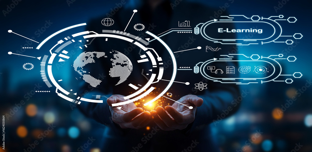 Poster hands holding light with global connections and digital interface for e-learning concept on futurist