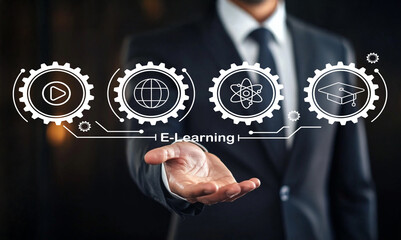 Businessman Presenting E-Learning Concept with Digital Icons Representing Education, Global Connectivity, Science, and Graduation