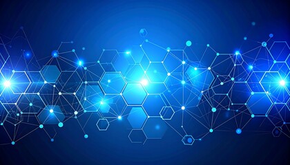 futuristic blue background with glowing hexagonal shapes and interconnected nodes, representing digital network and technology.