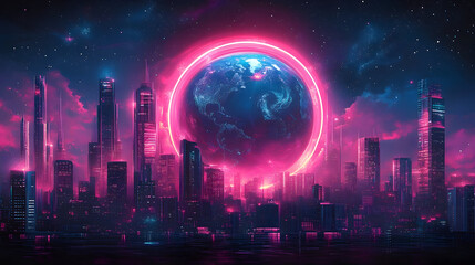 Fototapeta premium Digital illustration of a high-tech Earth globe surrounded by neon-lit city structures and cosmic energy, vibrant sci-fi design with pink and blue galactic atmosphere