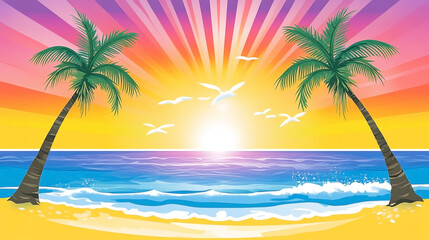 Obraz premium Vibrant coastal scene with sunlit palm trees and stylized ocean waves illustration