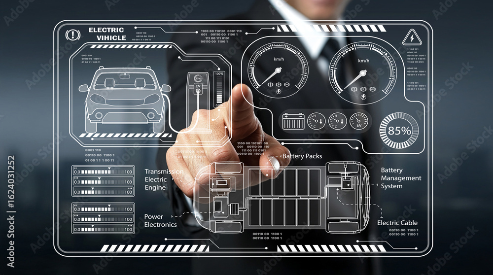 Poster innovative concept of electric vehicle technology with user interface and data display for future au