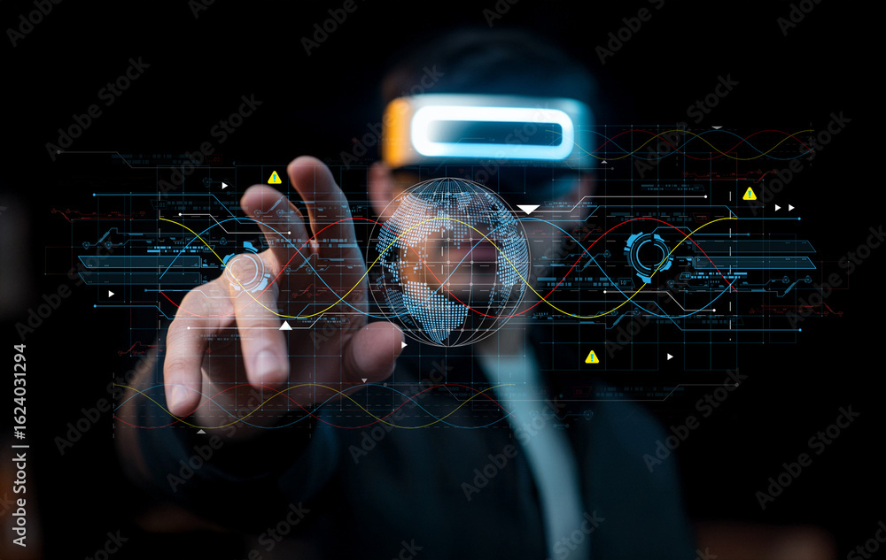 Poster individual wearing virtual reality headset interacting with digital globe and data visualization in 