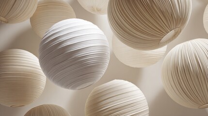 Floating textured spheres, cream and white, hang in light