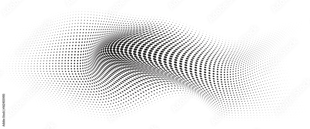 Poster flowing wave dot halftone pattern: curve gradient shape on transparent background. suitable for ai, 