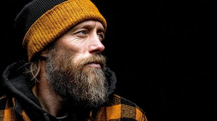 Close-up portrait of a man with a long, grey beard, wearing a yellow and black knit beanie and a buffalo plaid shirt, looking thoughtfully off to his right against a completely black background