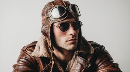 Man in leather aviator hat and goggles stares sideways against a white backdrop