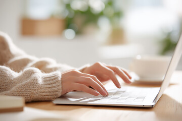 Fototapeta premium Woman Typing on Laptop in Cozy Home Office with Natural Light
