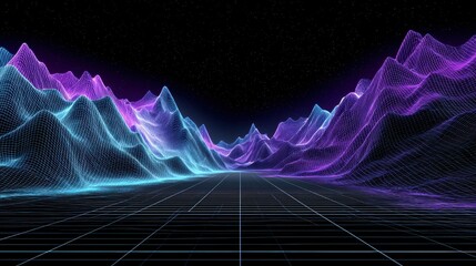 Futuristic neon wireframe landscape with glowing blue and purple mountains under a starry night sky