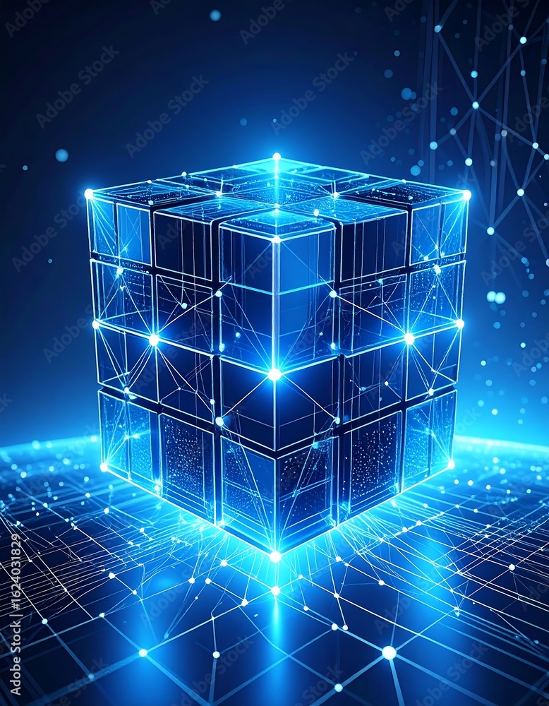 Poster glowing blue digital cube within a futuristic interconnected data network.