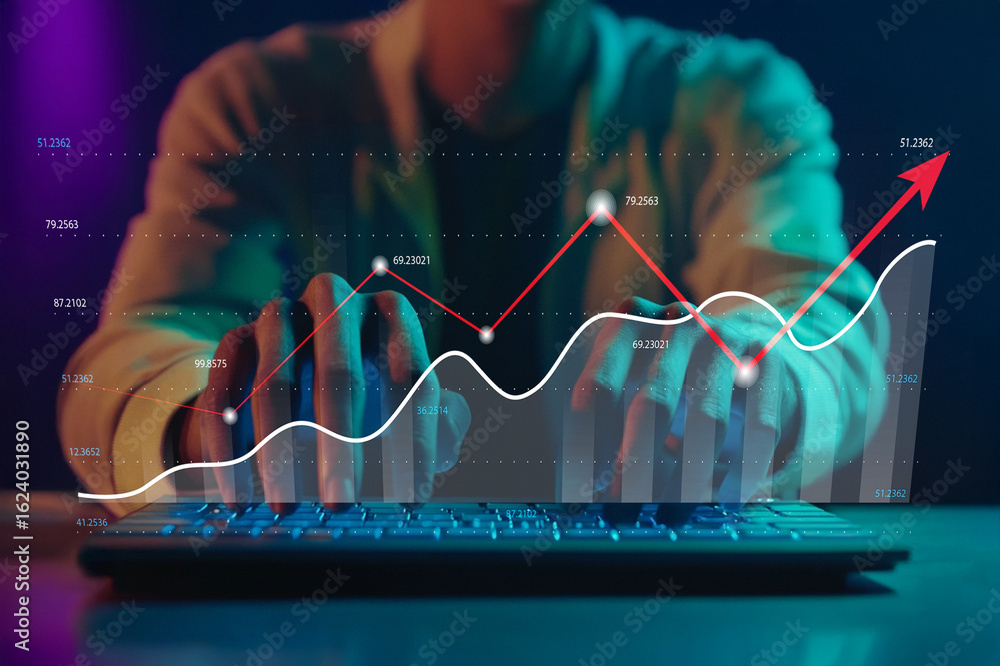 Poster professional hands typing on laptop keyboard with digital financial charts and graphs showing positi