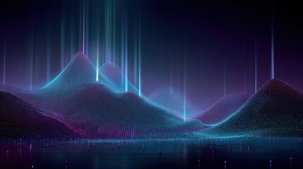 Futuristic digital landscape with glowing neon lines and dots forming wave-like mountains against a dark background
