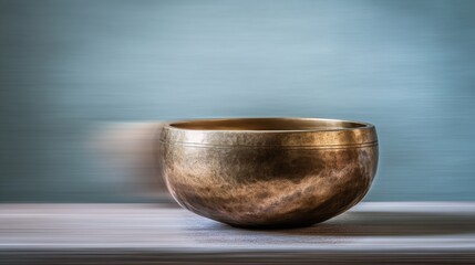 Embossed metal singing bowl resting on a light surface with hazy blue backdrop