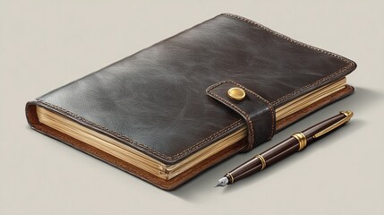 Brown leather-bound journal with pen, button closure, on a plain surface
